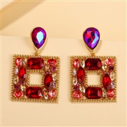 ( red)occidental style trend creative geometry exaggerating square Rhinestone earrings woman  personality crystal earri