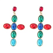 ( Color)retro occidental style cross Alloy embed resin earrings woman Bohemia ethnic styleearrings