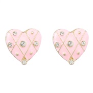 ( Pink)ins wind fashion brief heart-shaped Alloy enamel diamond earrings woman Korean style ear stud Street Snap