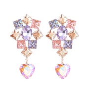 ( Pink)earrings fashion colorful diamond Alloy diamond square heart-shaped glass diamond earring occidental style geome