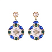 ( blue) retro palace wind Alloy diamond earrings  elegant all-Purpose temperament Rhinestone Pearl earring