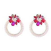 ( red)earrings Alloy diamond embed Pearl flowers Round earrings woman occidental style exaggerating colorful diamond ea
