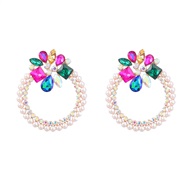 ( Color)earrings Alloy diamond embed Pearl flowers Round earrings woman occidental style exaggerating colorful diamond 