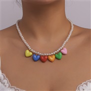 ( Color)occidental style rainbow Pearl necklace  spring summer temperament samll chain resin love