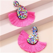 ( rose Red)new  Bohemia  drop color beads creative sector tassel occidental style fashion women ear stud arring