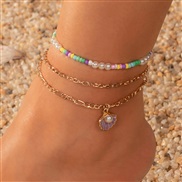 (FZ  zise)F occidental style summer multilayer beads color Shells Pearl Anklet Metal woman Anklet