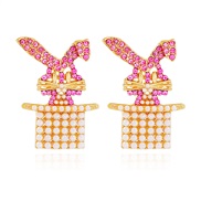 ( Pink)UR occidental style style creative rabbit ear stud diamond earrings personality woman