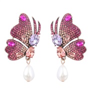 ( rose Red)fashion colorful diamond Alloy diamond embed Pearl earring butterfly earrings woman trend occidental style a