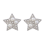 ( Silver)ins fashion brief Five-pointed star embed Pearl Korean style earrings woman star ear stud occidental style