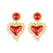 ( red) retro palace wind Metal flower earrings romantic color heart-shaped gem earring ornament Earring