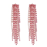 ( Pink)occidental style exaggerating Alloy diamond Rhinestone long style tassel earrings woman super fully-jewelled ban