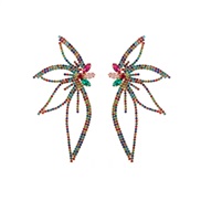 ( Color)occidental style fashion colorful diamond Alloy earrings exaggerating flash diamond leaf flowers personality ea
