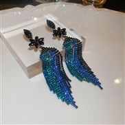 ( Silver needle  blue Tassels)silver diamond flowers long style chain tassel earrings occidental style fashion exaggera