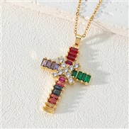 (A)occidental style color zircon cross pendant necklace woman sweater chain samll highins wind