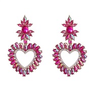 ( rose Red)occidental style exaggerating Alloy diamond flowers heart-shaped earrings woman trend colorful diamond Earr
