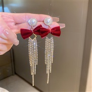( Silver needle  red( Tassels))silver Pearl bow diamond tassel chain earrings fashion creative high ear stud earring