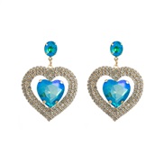 ( light blue )occidental style fashion personality colorful diamond earrings woman Alloy diamond Double layer heart-sha