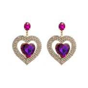( rose Red)occidental style fashion personality colorful diamond earrings woman Alloy diamond Double layer heart-shaped