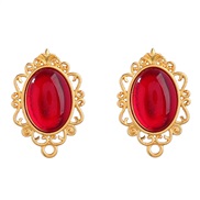 ( red)fashion retro personality brief Round Alloy flower embed resin geometry earrings woman occidental style ear stud