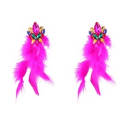 ( Color)occidental style exaggerating Alloy diamond flowers long style feather tassel earrings woman trend Bohemia Earr