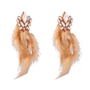 ( Gold)occidental style exaggerating Alloy diamond flowers long style feather tassel earrings woman trend Bohemia Earri