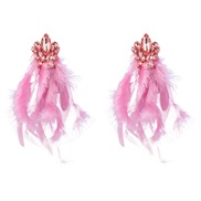( Pink)occidental style exaggerating Alloy diamond flowers long style feather tassel earrings woman trend Bohemia Earri
