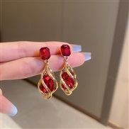 ( Silver needle  red square )silver retro Metal Rhinestone square drop earrings occidental styleins temperament high ge