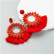( red)ins Alloy earrings woman fashion tassel embed color Rhinestone long style earring woman high exaggerating Earring
