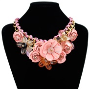 (7 Pink)color flowers gem pendant rope weave necklace short clavicle exaggerating