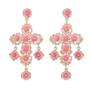 ( Pink)retro palace wind cross multilayer Alloy resin flowers earring occidental style Bohemia earrings