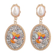 ( white)ins retro temperament Round Alloy diamond embed Pearl turquoise geometry earrings woman occidental style earring