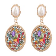 ( Color)ins retro temperament Round Alloy diamond embed Pearl turquoise geometry earrings woman occidental style earring