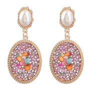 ( Pink)ins retro temperament Round Alloy diamond embed Pearl turquoise geometry earrings woman occidental style earring