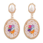 (Pearl )ins retro temperament Round Alloy diamond embed Pearl turquoise geometry earrings woman occidental style earring