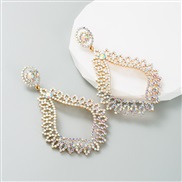 (AB color)occidental style Alloy embed colorful diamond exaggerating long style Rhinestone hollow earrings all-Purpose 