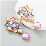 ( Purple color )ins creative long style heart-shaped earrings woman Alloy embed colorful diamond geometry high earrings