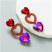( red)ins Korean style long style love earring  Alloy embed color Rhinestone fashion exaggerating earrings woman