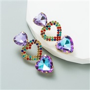 (purple)ins Korean style long style love earring  Alloy embed color Rhinestone fashion exaggerating earrings woman