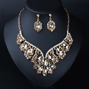 ( Brown)  occidental style crystal gem necklace earrings set banquet woman exaggerating