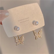 (EH23 8gold ~ Silver needle)Korean style elegant style two earrings Pearl ear stud woman butterfly temperament fashion 