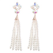 (AB color)earrings occidental style exaggerating Alloy diamond flowers long style imitate Pearl tassel earrings woman s