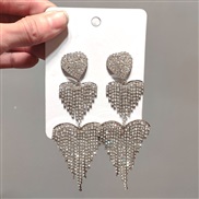(925 Silver needle  Silver)occidental style exaggerating width multilayer tassel Rhinestone love earrings silver flash 
