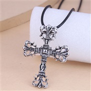 fashion retro hollow cross concise black rope personality necklace