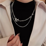 (X82 silvery )occidental style super temperament Double layer titanium steel necklace womanins wind clavicle chain