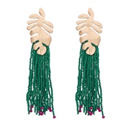 ( green)retro occidental style wind Alloy leaves long style beads tassel earrings woman Bohemia Nation Earring