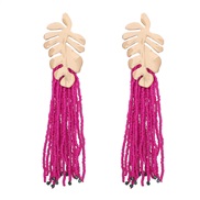 ( rose Red)retro occidental style wind Alloy leaves long style beads tassel earrings woman Bohemia Nation Earring