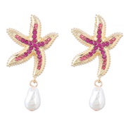 ( rose Red)fashion summer wind Alloy diamond starfish earrings woman imitate Pearl earring occidental style trend Earri