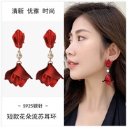 ( Silver needle  red Tassels)occidental style silver long style rose tassel earrings brief exaggerating atmospheric flo