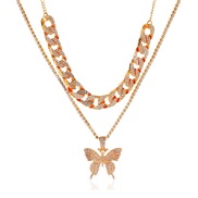 ( KCgold  S) Double layer big butterfly necklace  personality exaggerating fully-jewelled chain chainins