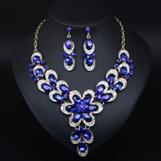 ( blue)  occidental style luxurious exaggerating gem flowers clavicle short necklace earrings set